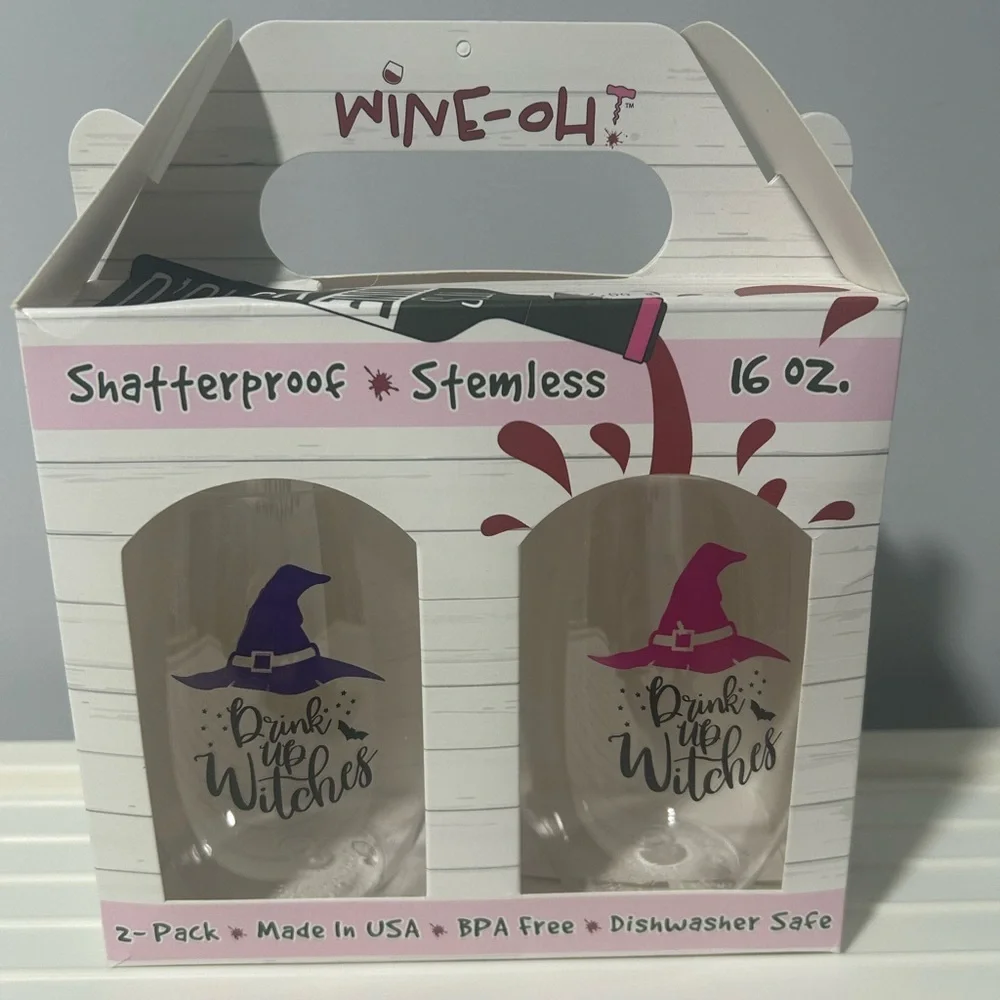 Drink up Witches Shatterproof Plastic Stemless Wine Glasses (Set of 2)